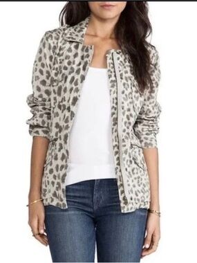 Lily Aldridge For Velvet Military Jacket Gray Leopard Animal Print Sz S